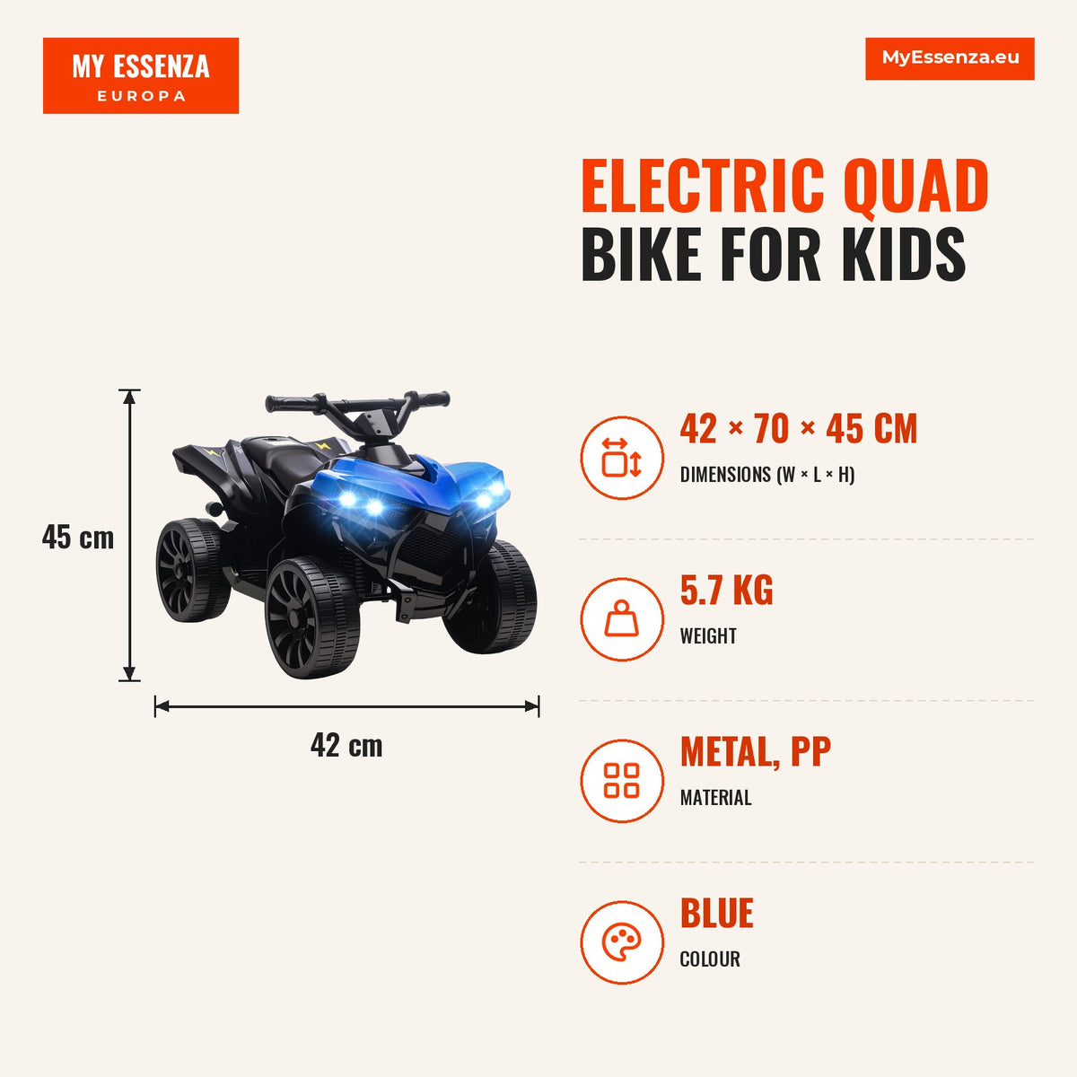 Quadriciclo Elétrico para Crianças 6 V Quadriciclo para Crianças de 3-8 Anos com Velocidade até 3 km/h Faróis e Música 70x42x45 cm Azul — Infografia | Infographic — dimensions