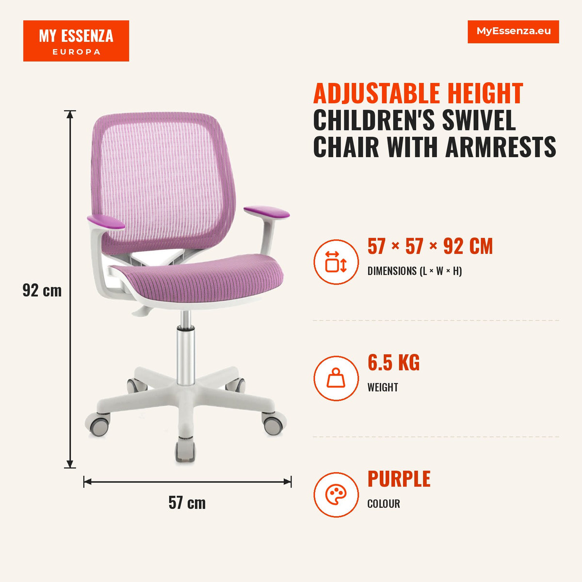 Cadeira Giratória Infantil com Altura Ajustável, Reposabrazos e Rodas com Travão — Infografia | Infographic — dimensions