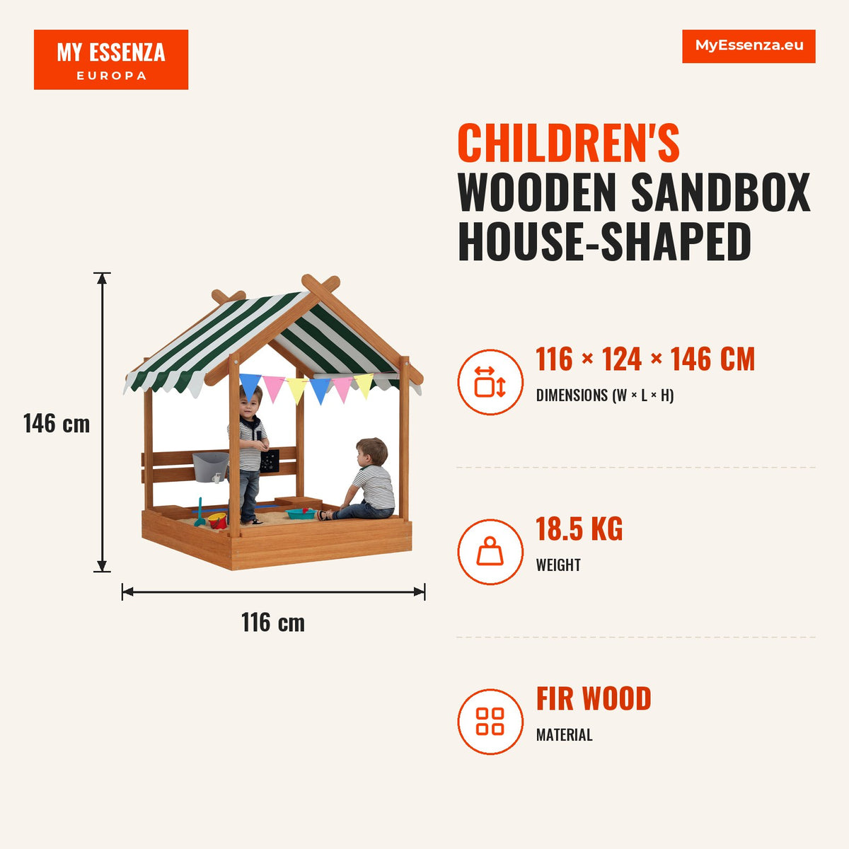 Caixa de Areia para Crianças de Madeira em Forma de Casa com 2 Assentos Toldo 6 Bandeirolas 2 Bandejas Removíveis Torneira e Quadro para Jardim 124x11 — Infografia | Infographic — dimensions