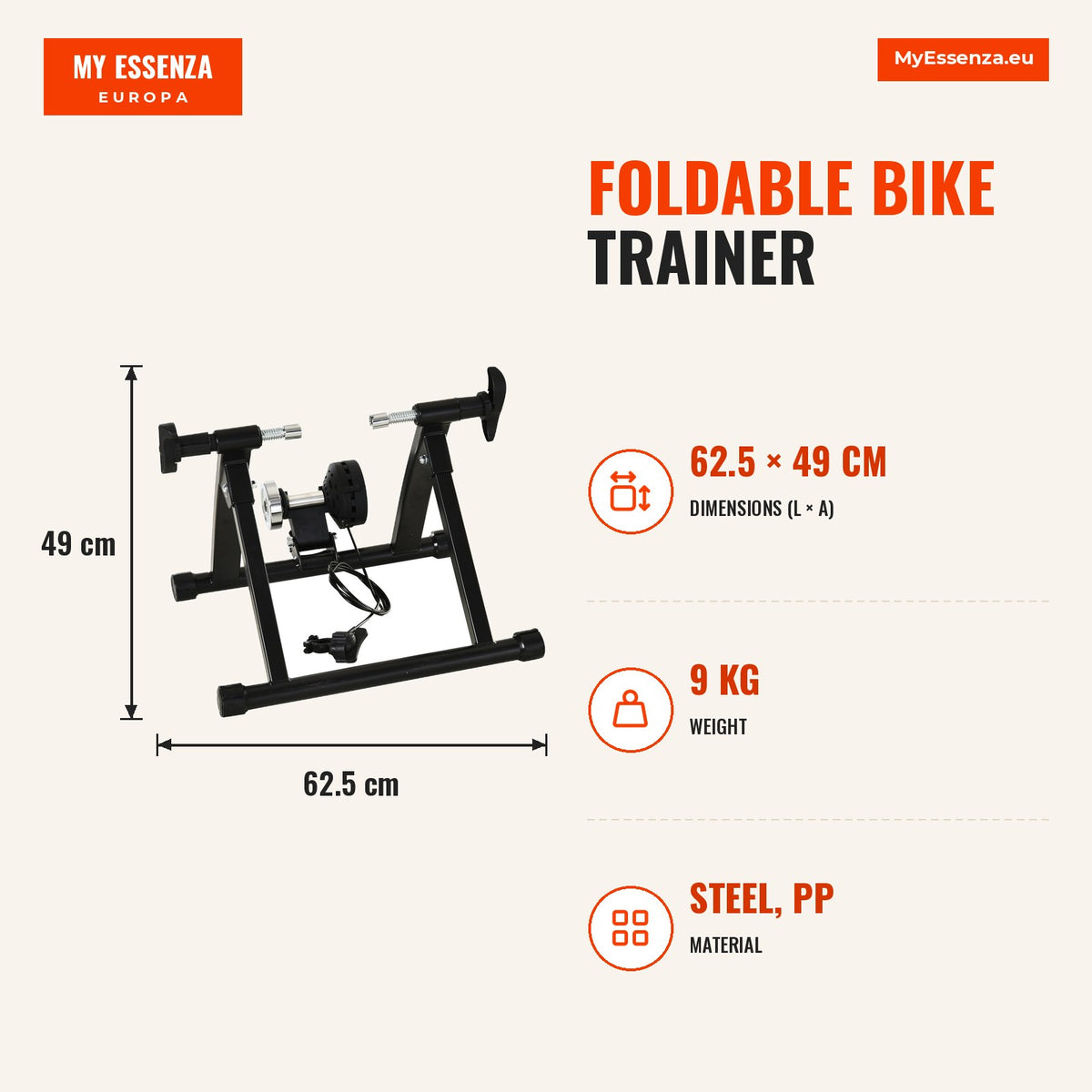 Rolo de Bicicleta Dobrável com Resistência Magnética Ajustável de 8 Níveis para Rodas de 650C/700C ou 26-28 Polegadas para Interior 68x62,5x49 cm Pret — Infografia | Infographic — dimensions