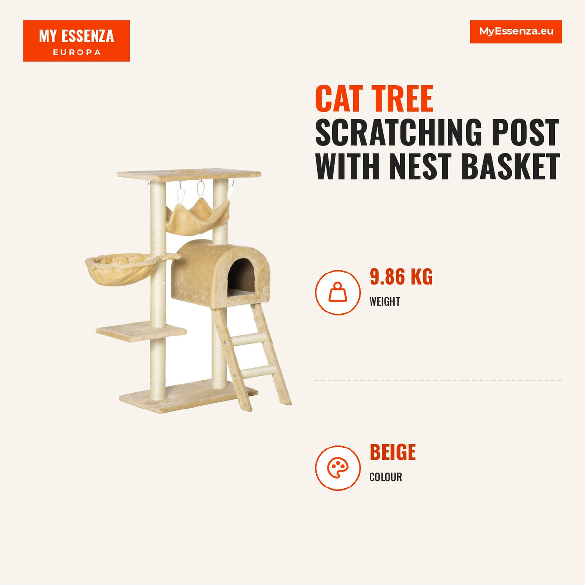 Árvore para Gatos Arranhador com Poste Ninho Cesta Rede Plataforma Casa e Escada de Veludo e Sisal Natural 54x29,5x98 cm Bege — Infografia | Infographic — dimensions