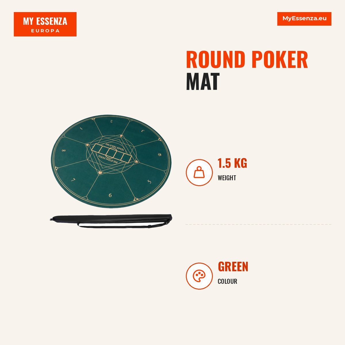Tapete de Póquer Redondo 120cm Texas Hold'em Base Antideslizante Verde — Infografia | Infographic — dimensions