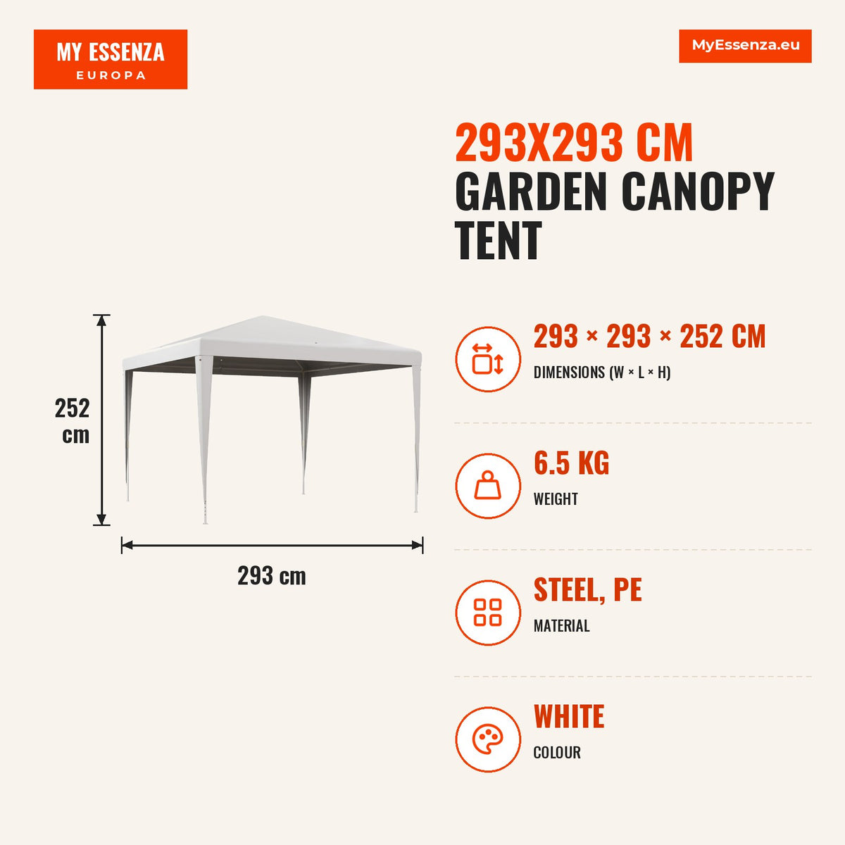 Tenda de Jardim Desmontável 293x293 cm Tenda para Exteriores com 4 Orifícios de Drenagem e Tubo de Aço para Casamentos Campismo Festas Branco — Infografia | Infographic — dimensions