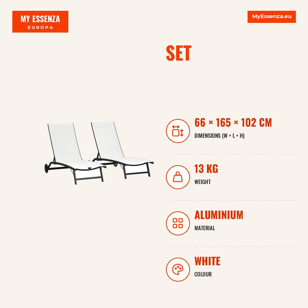 Conjunto de 2 Espreguiçadeiras Reclináveis de Jardim Espreguiçadeiras de Alumínio para Exterior com Encosto Ajustável em 5 Níveis e Rodas para Praia P — Infografia | Infographic — dimensions