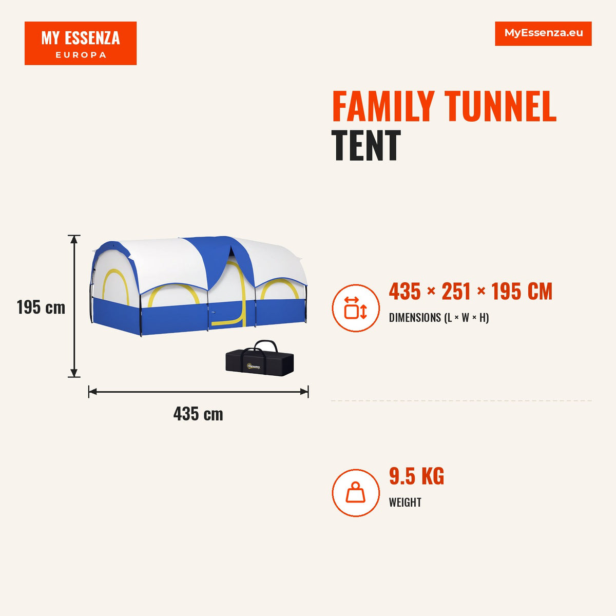 Tenda de Campismo Familiar Tipo Túnel Tenda para 4-6 Pessoas Impermeável 3.000 mm Tenda de Campismo Dobrável com 2 Quartos e Saco de Transporte 435x25 — Infografia | Infographic — dimensions