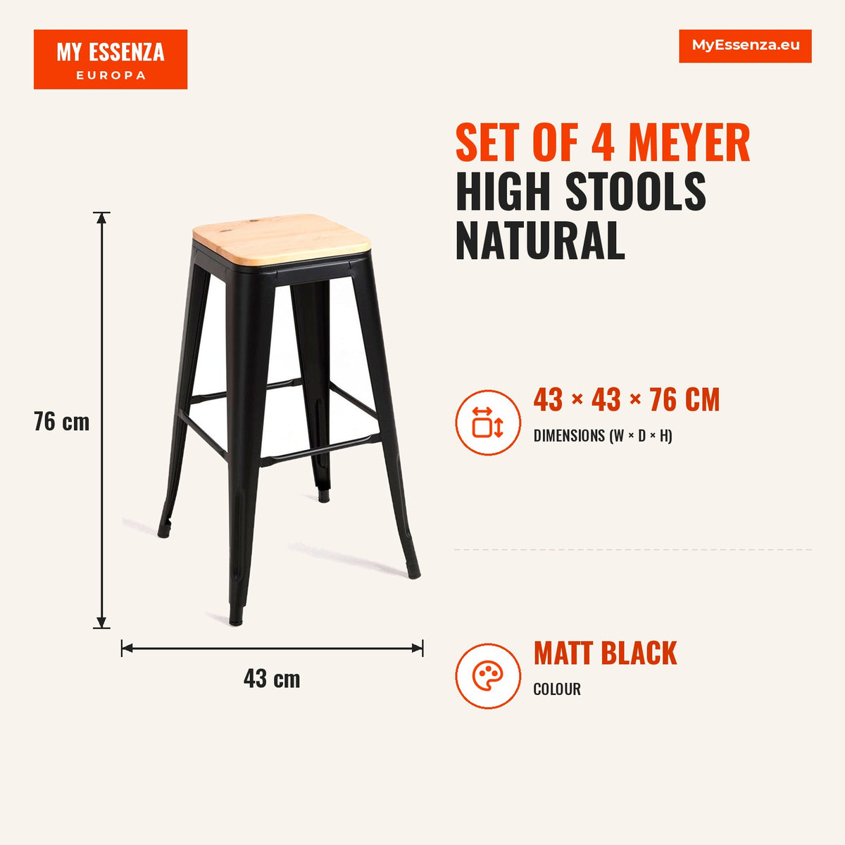 Pack 4 Bancos Meyer Altos Madeira Natural 76 cm — Preto mate — Infografia | Infographic — dimensions