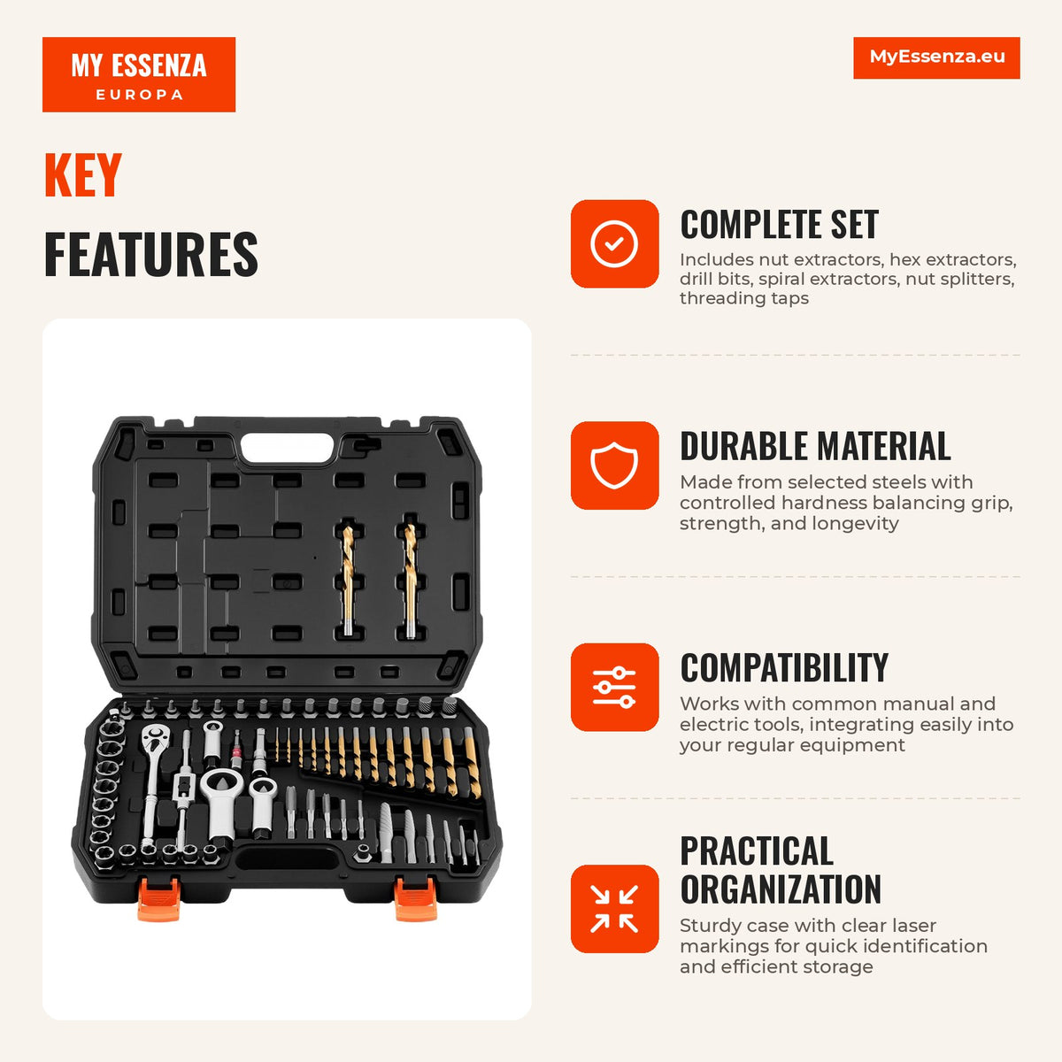Conjunto de extratores de parafusos, 63 peças, aço resistente, estojo robusto — Infografia | Infographic — dimensions