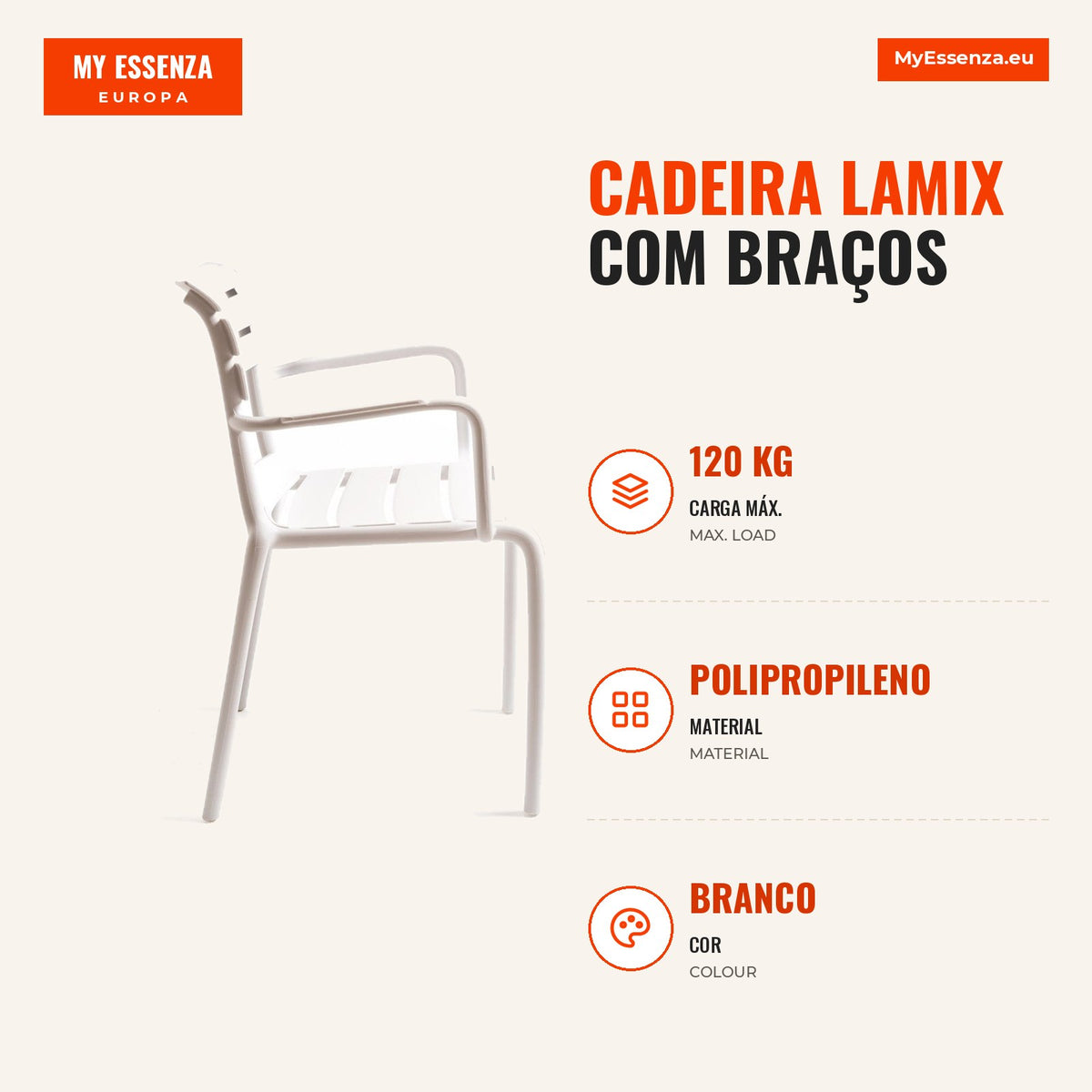 Cadeira Lamix com Braços — Branco — Infografia — medidas