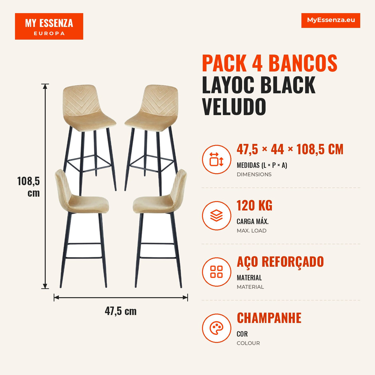 Pack 4 Bancos Layoc Black Veludo — Champanhe — Infografia — medidas