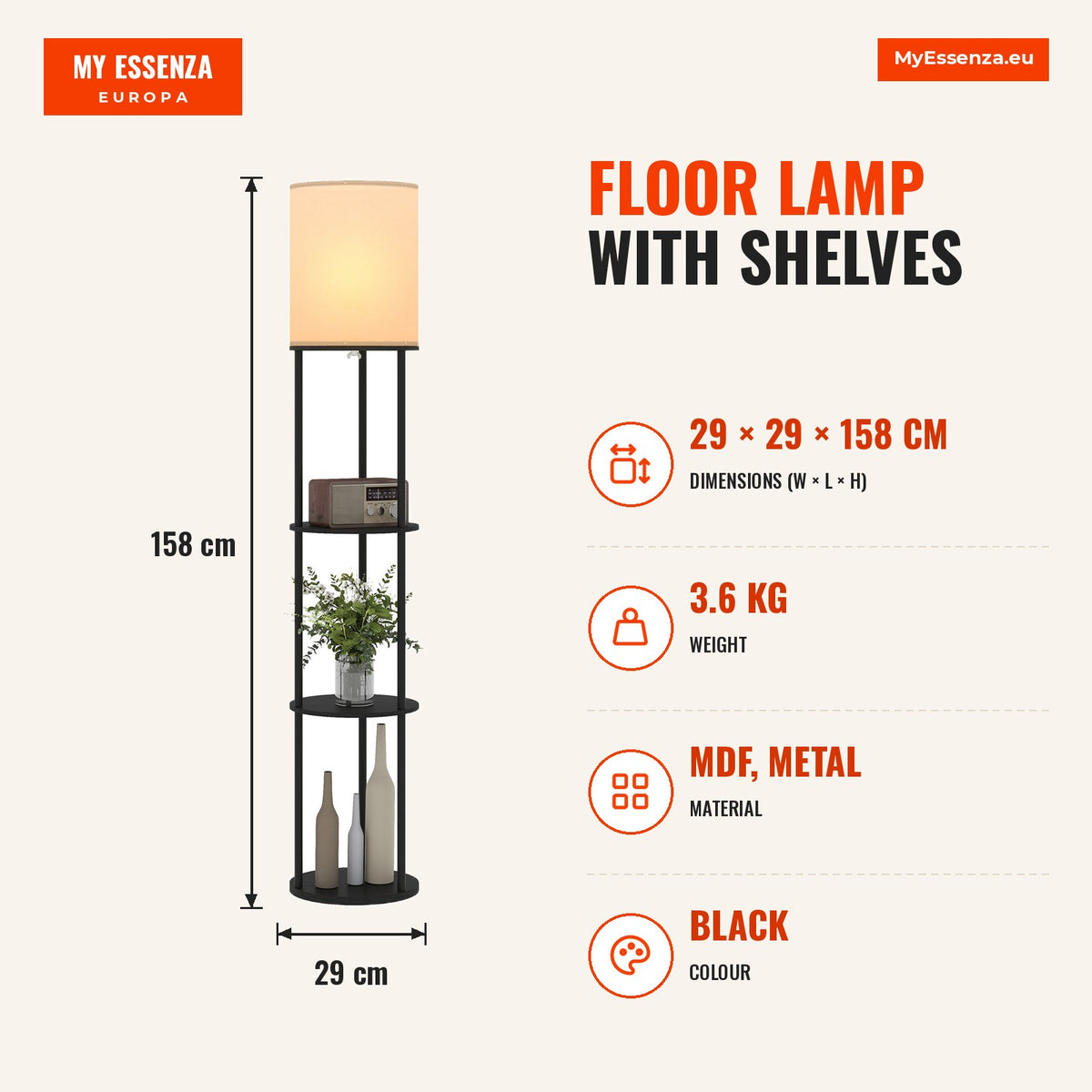 Candeeiro de Pé com Prateleiras Candeeiro com 3 Temperaturas de Cor Controlo Remoto Casquilho E27 para Sala de Estar Quarto Escritório Ø29x158 cm Pret — Infografia | Infographic — dimensions