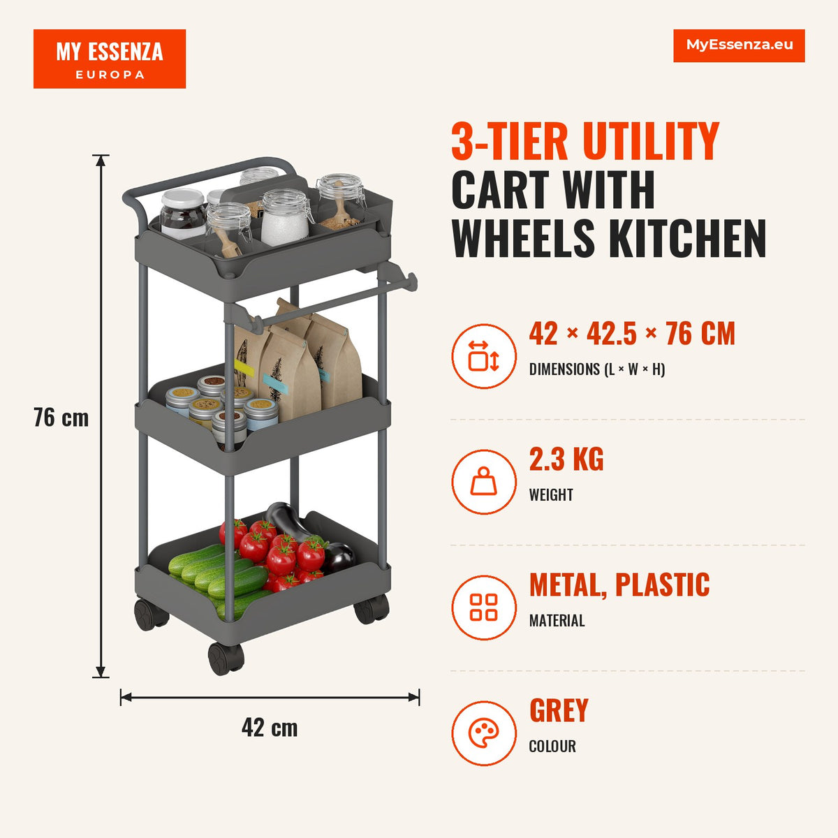 Carrinho Auxiliar com Rodas de 3 Níveis Carrinho de Cozinha com Cestos Extraíveis Rodas com Travão Suporte para Toalhas e Estrutura de Metal Carrinho  — Infografia | Infographic — dimensions
