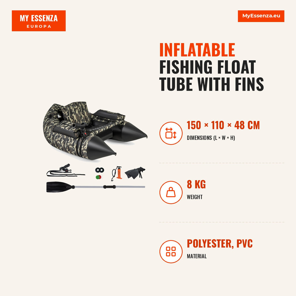 Tubo Flutuador Inflável de Pesca com Aletas, Régua e Suporte para Cana 150 kg — Infografia | Infographic — dimensions