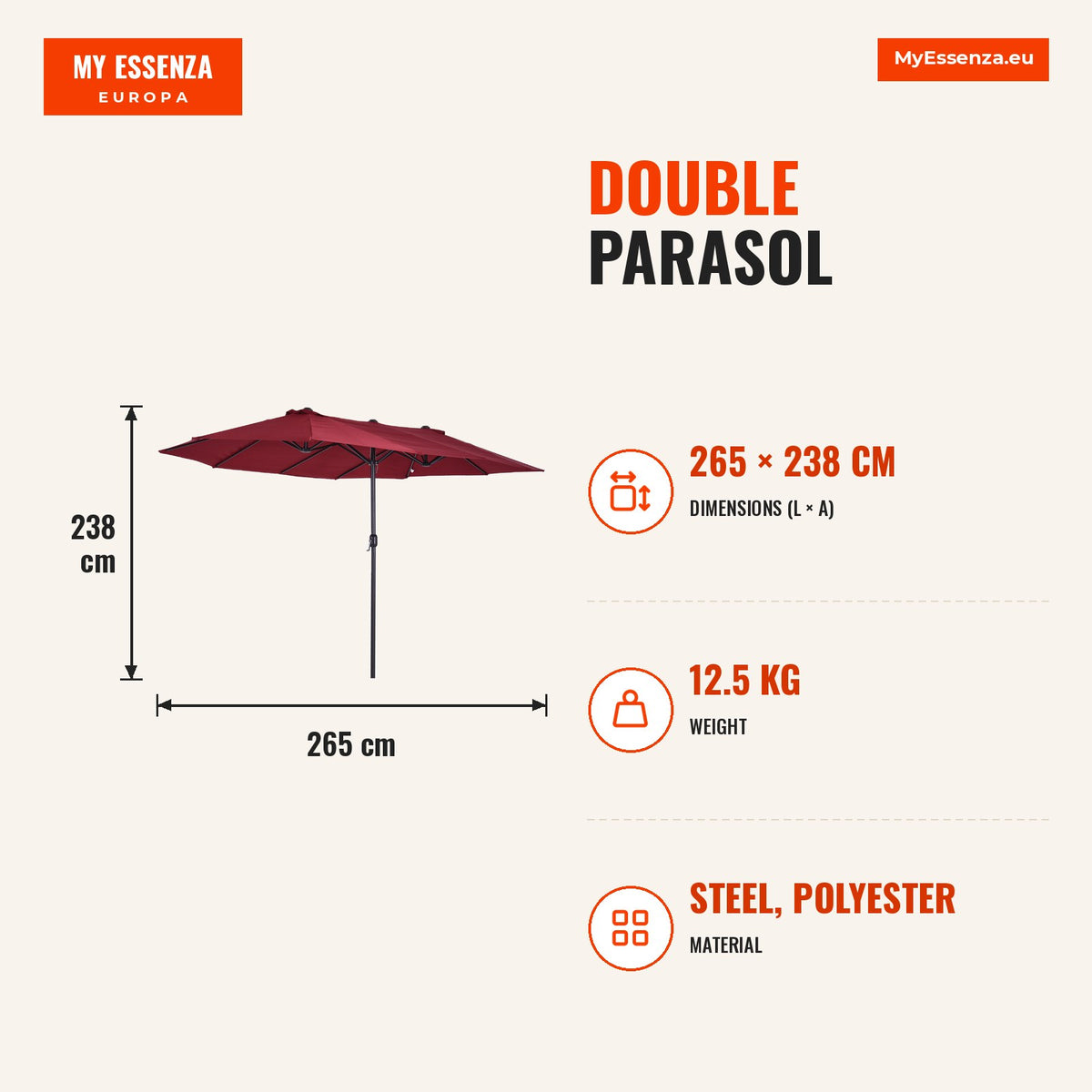 Chapéu de Sol Duplo 4,55x2,65x2,38 m Chapéu de Sol de Jardim com Manivela Manual Resistente à Água e com Proteção Solar UV para Terraço Pátio Vinho — Infografia | Infographic — dimensions