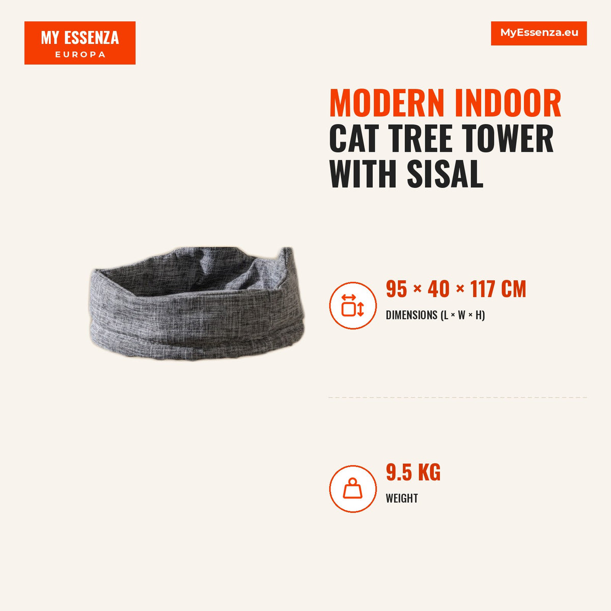 Árvore para Gatos Torre Moderna Interior com Postes Arranhadores Sisal e Rampa Percha Almofadada Cinza — Infografia | Infographic — dimensions