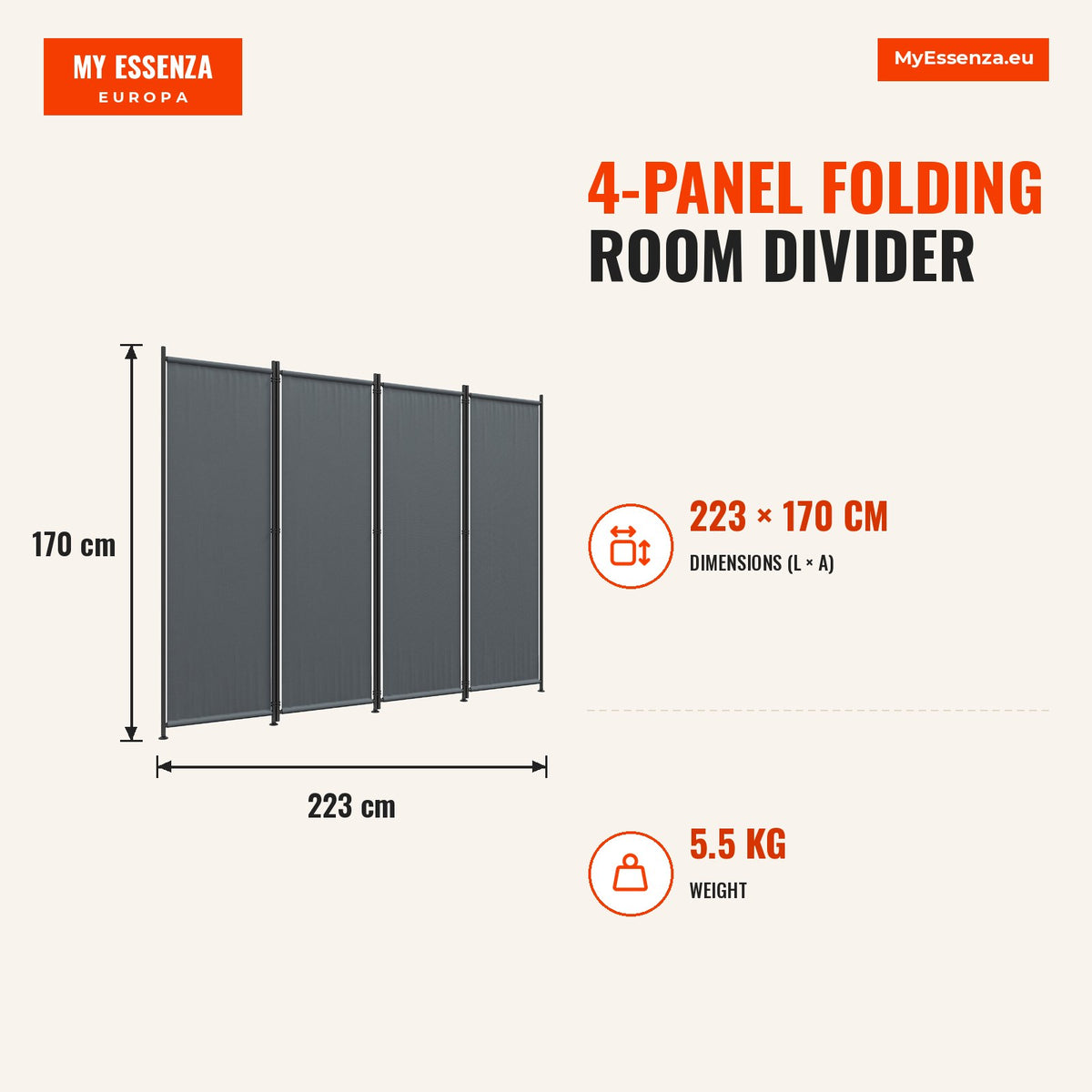 Biombo Separador de Ambientes de 4 Painéis Biombo Dobrável 223x170 cm com Pés Largos Biombo Exterior para Terraço Pátio Jardim Cinza Escuro — Infografia | Infographic — dimensions