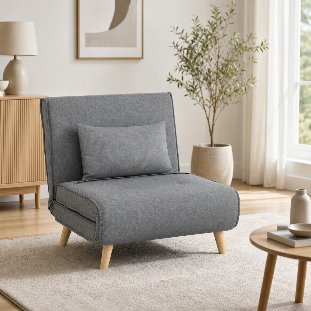 Poltrona 2 em 1 Sofá Cama Individual Dobrável com Encosto Ajustável e Almofada para Sala de Estar Dormitório Escritório Carga 125 kg 90x78x79 cm Cinza — Ambiente | Lifestyle
