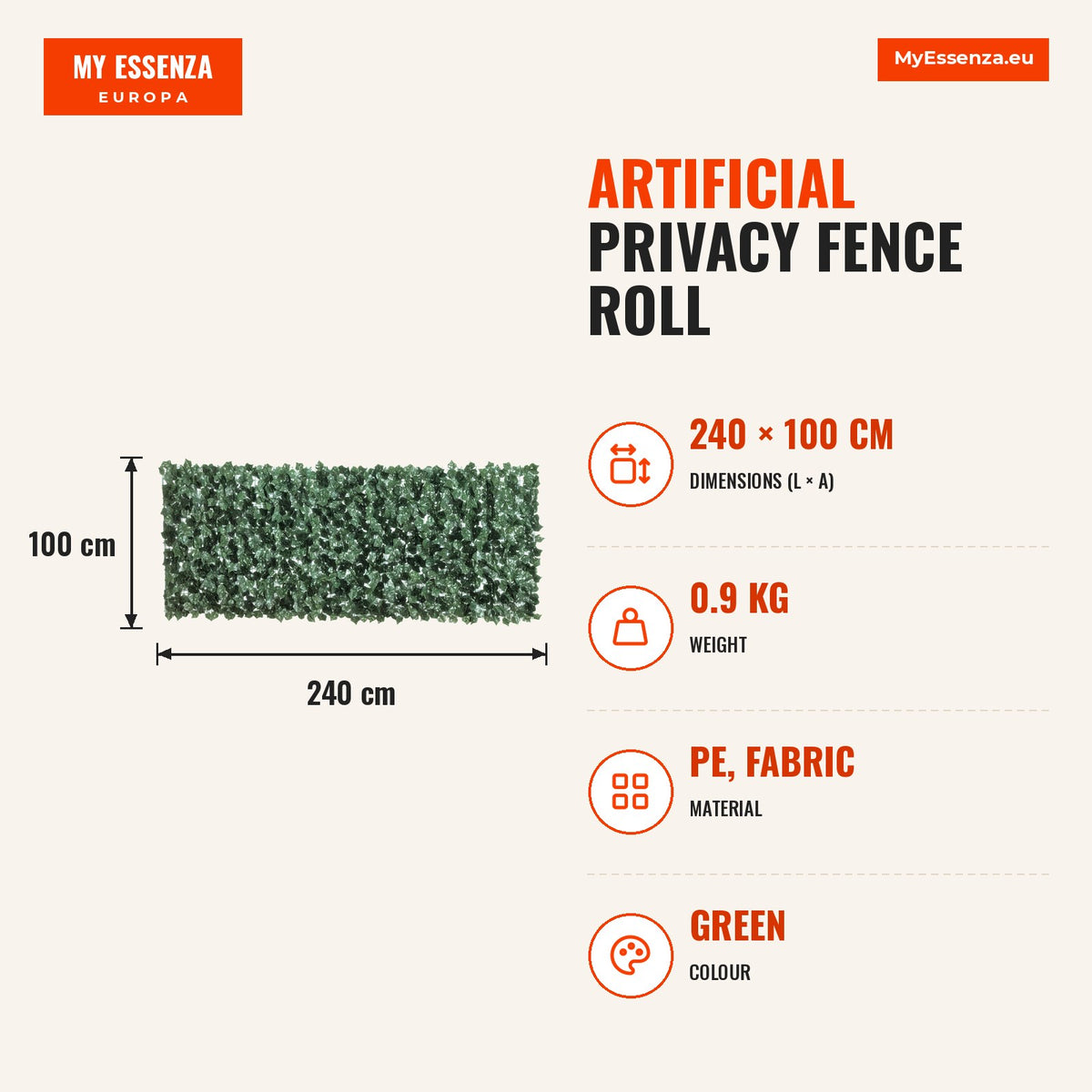 Vedação Artificial em Rolo 2,4x1 m Vedação de Privacidade para Balcão Jardim Exterior Planta Decorativa de Parede PE Verde — Infografia | Infographic — dimensions