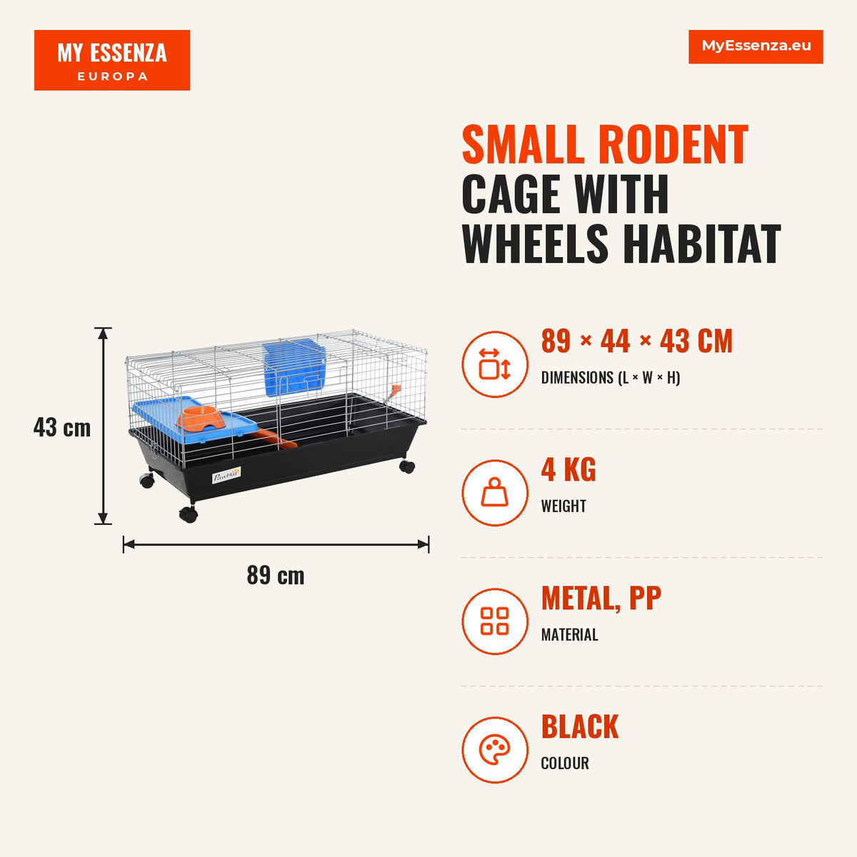 Gaiola para Roedores Pequenos com Rodas Habitat para Furões Porquinho da India com Comedouro Bebedouro Rampa 89x44x43cm Preto — Infografia | Infographic — dimensions