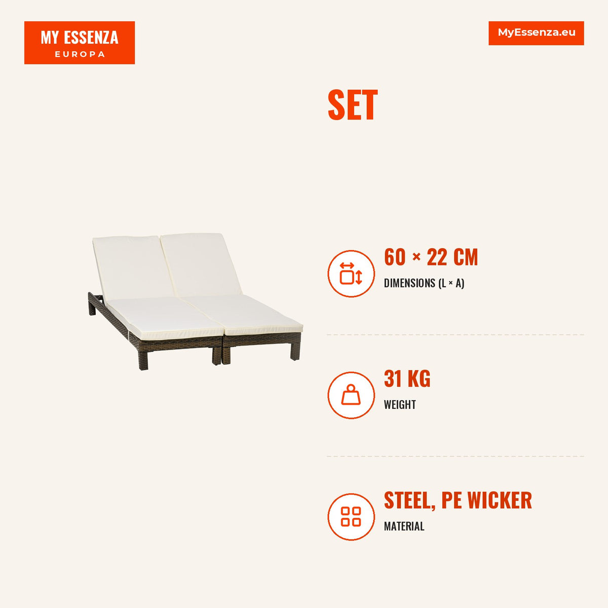 Conjunto de 2 Espreguiçadeiras de Jardim de Vime Reclináveis em 5 Posições Carga Máxima 120 kg para Varanda Pátio Exterior 196x60x22 cm Marrom e Bege — Infografia | Infographic — dimensions