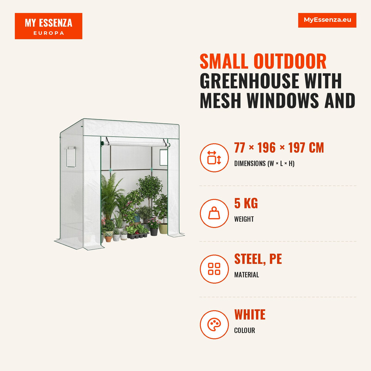 Estufa Pequena de Exterior com Janelas de Rede e Porta com Fecho de Correr Estrutura de Aço e Cobertura de PE 140g/m² para Cultivar Tomates, Plantas e — Infografia | Infographic — dimensions