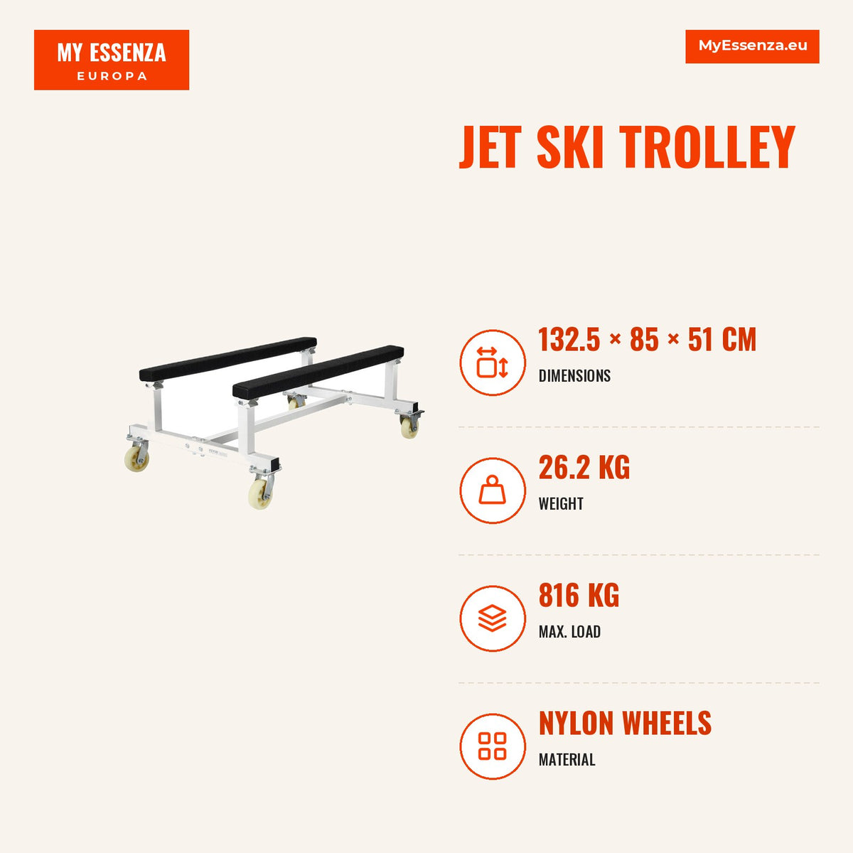 Carrinho jet-ski 816 kg 4 rodas 2 travões — Infografia | Infographic — dimensions