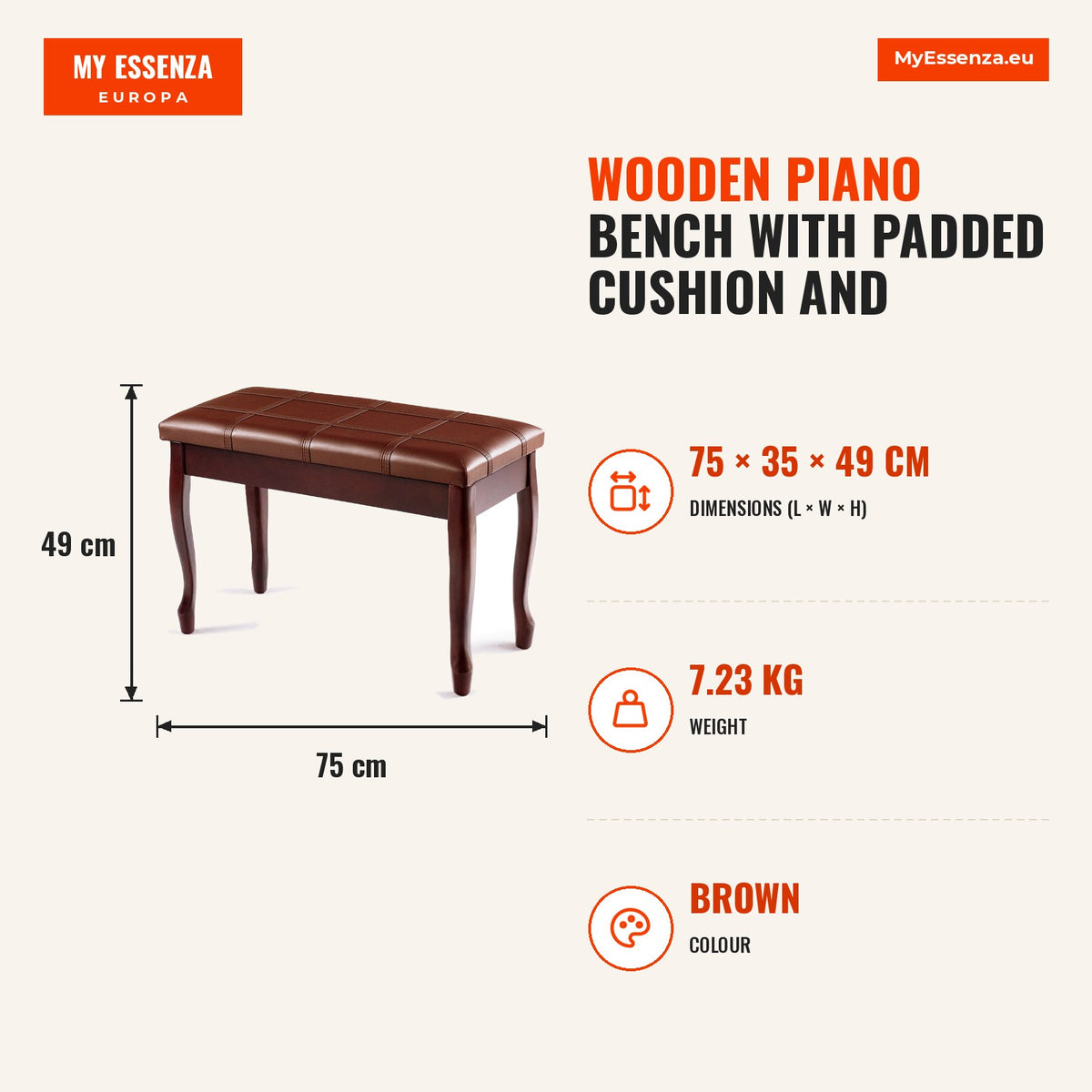 Banco para Piano em Madeira com Almofada Acolchoada e Compartimento 75 x 35 x 49 cm — Infografia | Infographic — dimensions