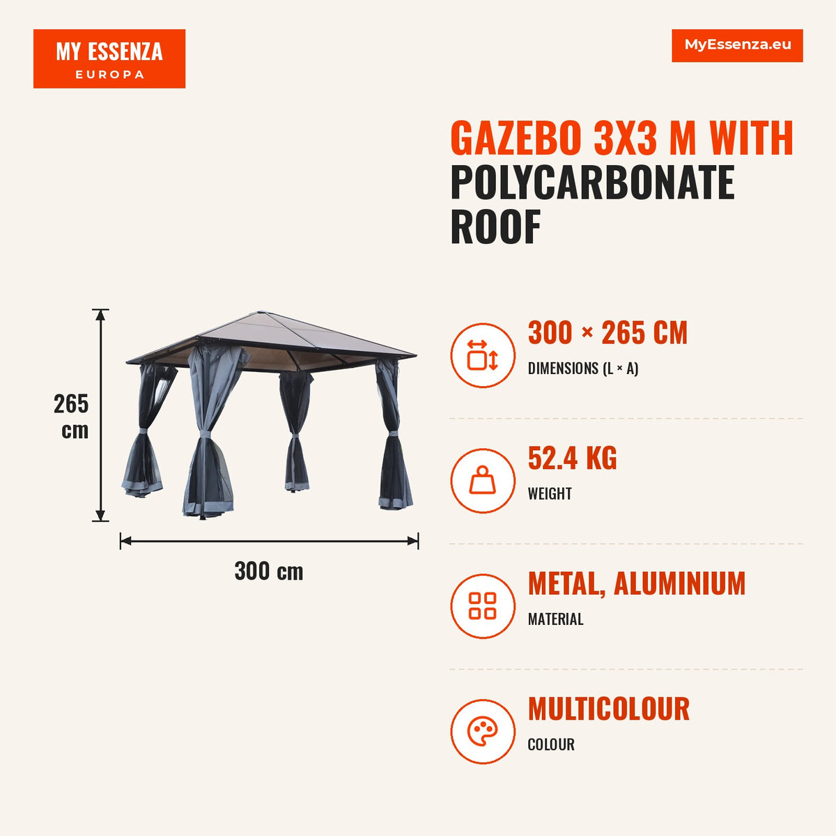 Gazebo 3x3 m com telhado de policarbonato 4 cortinas laterais e 4 redes mosquiteiras com zíper de estrutura metálica para multicolor — Infografia | Infographic — dimensions