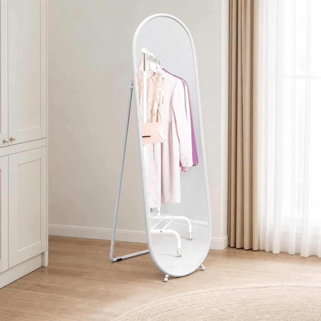 Espelho de Pé 160x40 cm Espelho de Corpo Inteiro com Moldura Metálica Espelho de Parede Oval com Suporte e 2 Formas de Utilização para Sala de Estar Entrada e Quarto Branco — Ambiente | Lifestyle