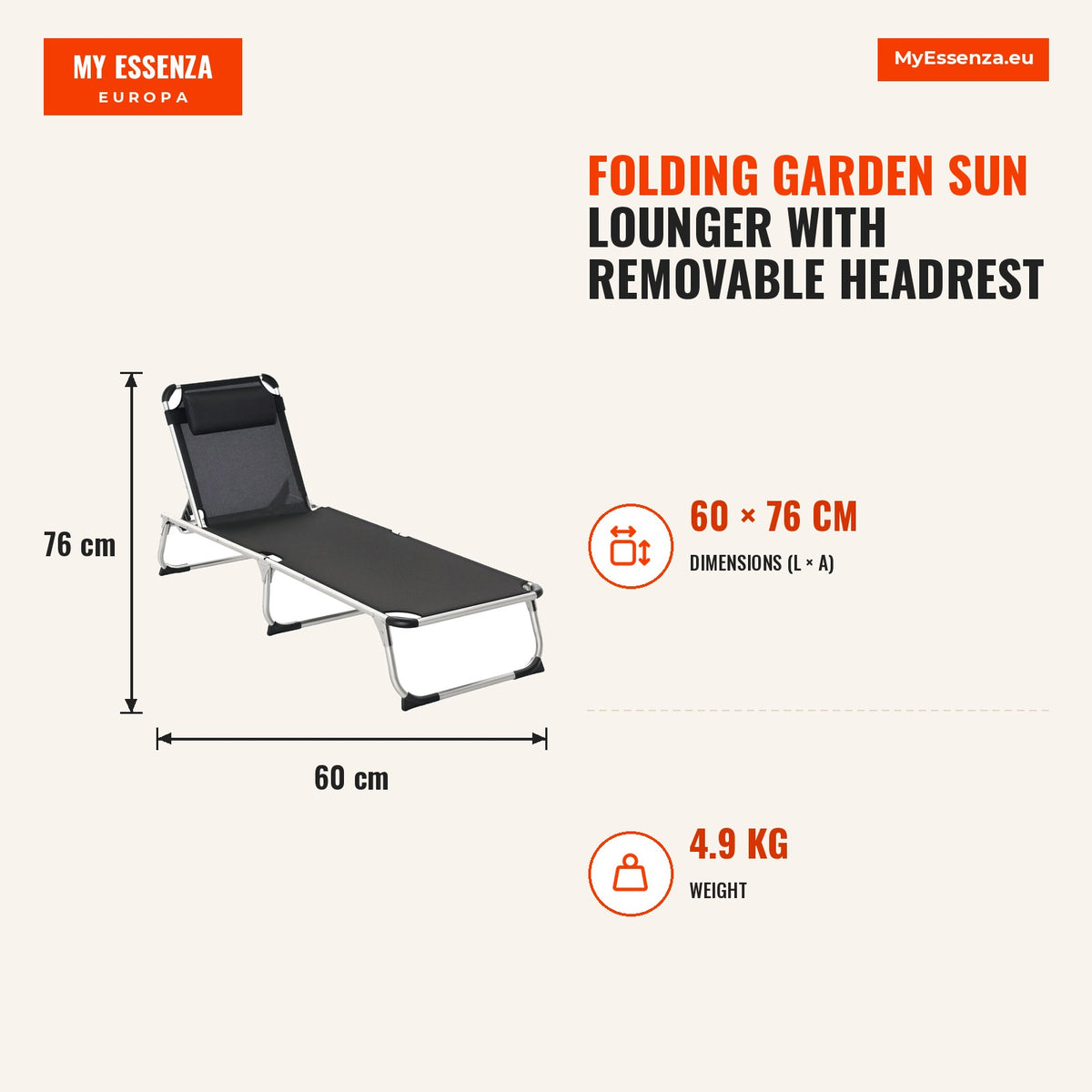 Espreguiçadeira de Jardim Dobrável com Apoio para a Cabeça Removível e Encosto Ajustável em 4 Posições para Jardim Terraço Campismo Exterior 170x60x76 — Infografia | Infographic — dimensions