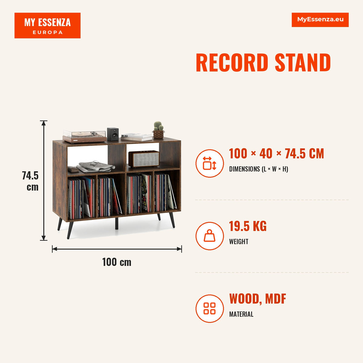Suporte para Vitrola com 2 Prateleiras Abertas e 4 Compartimentos 100x40x74,5cm Castanho e Preto — Infografia | Infographic — dimensions