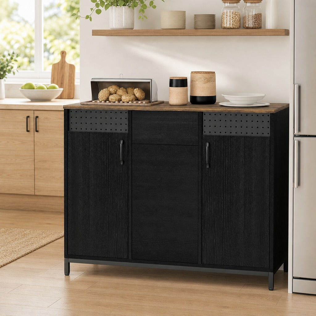 Aparador de 2 Portas com Orifícios Aparador de Sala com 2 Compartimentos e Gaveta Prateleiras Ajustáveis para Cozinha Entrada Dormitório 100x40x80 cm Preto e Castanho Rústico — Ambiente | Lifestyle