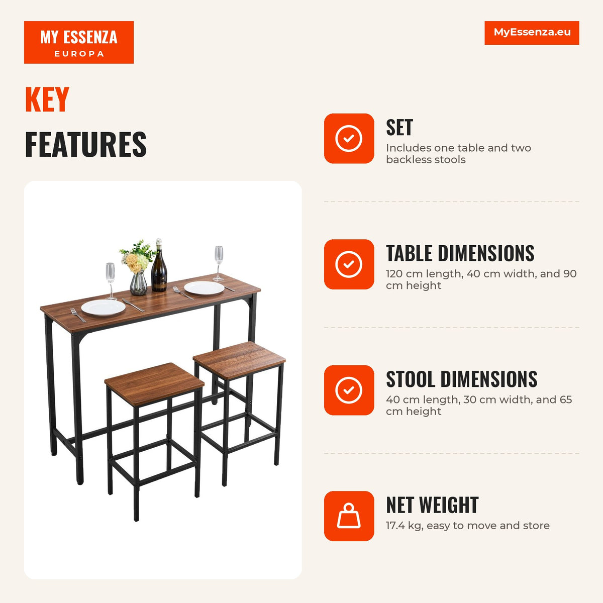 Mesa de bar com 120 cm, 2 bancos, design compacto e bordas arredondadas — Infografia | Infographic — dimensions