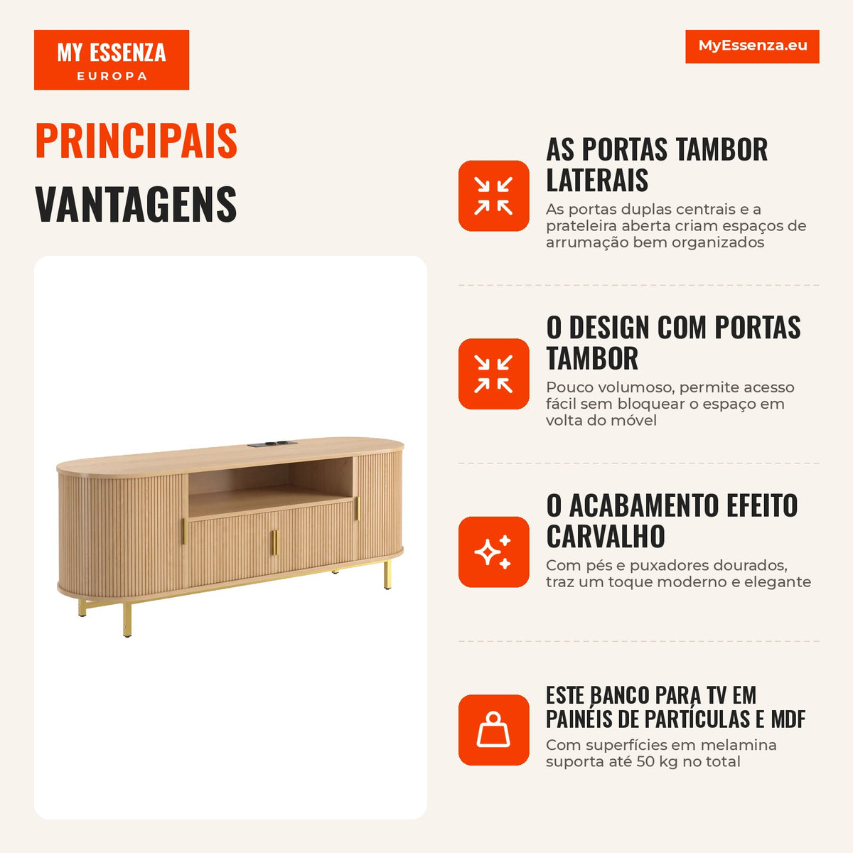 Móvel para TV 140 cm com 2 Tomadas e 2 Portas Móvel para Televisão até 213,36 cm 2 Portas Batentes 2 Portas de Correr Carvalho — infografia 1