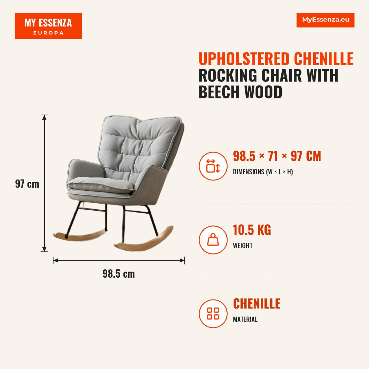 Poltrona Baloiço Estofada em Chenilla Cadeira Baloiço com Pés de Madeira de Faia e Apoio para os Braços para Lactância Carga 120 kg para Dormitório Sa — Infografia | Infographic — dimensions