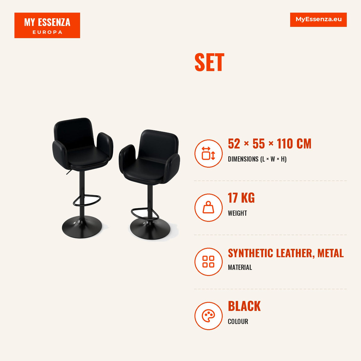Conjunto de 2 Taburetes de Bar Giratórios com Altura Ajustável Assento Acolchado Preto — Infografia | Infographic — dimensions