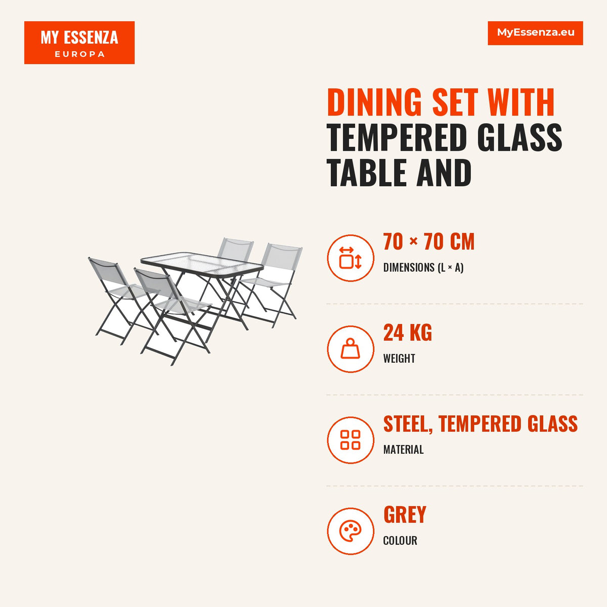 Conjunto de Refeição Mesa e 4 Cadeiras Dobráveis Conjunto de Refeição de 5 Peças com Mesa de Vidro Temperado Estilo Moderno para Varanda Pátio Cinza — Infografia | Infographic — dimensions