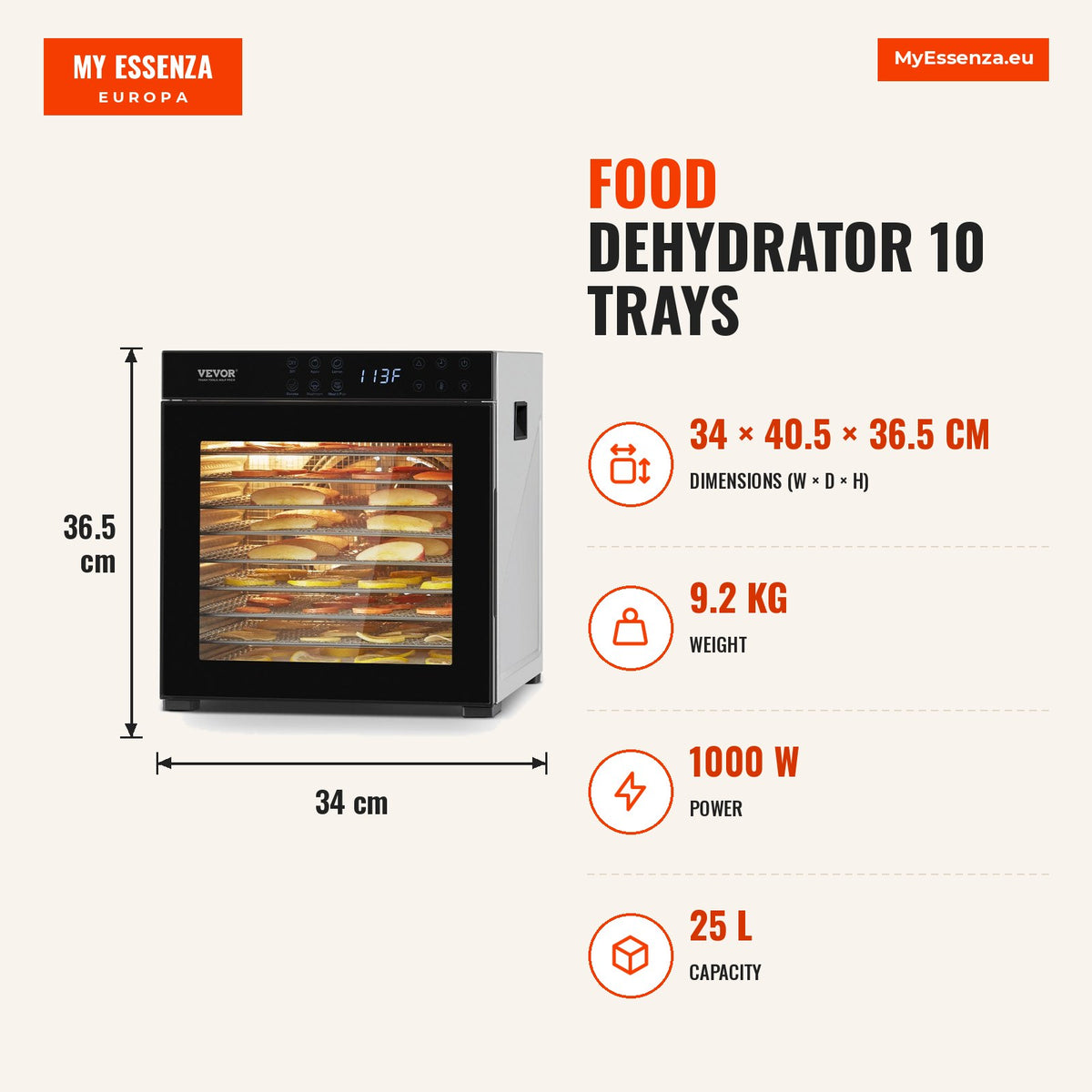 Desidratador alimentos 10 tabuleiros, 1000W — Infografia | Infographic — dimensions
