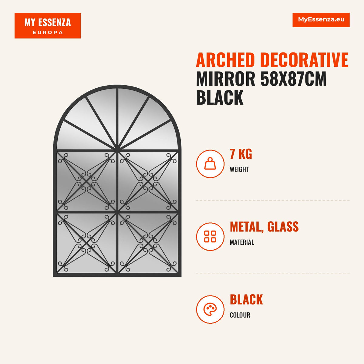 Espelho Decorativo Arqueado 58x87cm Preto - Moldura Metal para Parede — Infografia | Infographic — dimensions