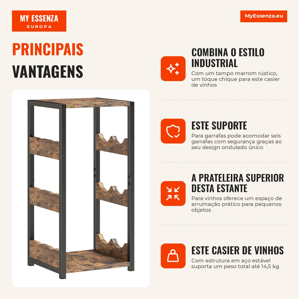 Suporte para 6 Garrafas Casier para Vinhos com Prateleiras Onduladas 22x24x49,2 cm Castanho Rústico — infografia 1
