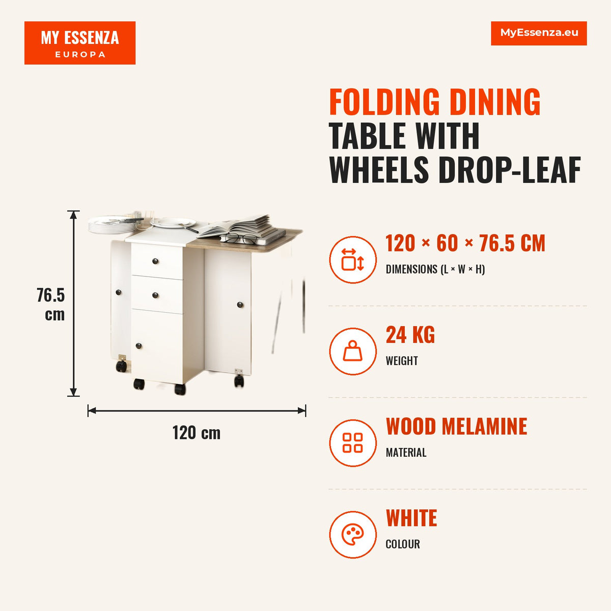 Mesa de Refeição Dobrável com Rodas Mesa Abatível com 2 Gavetas e Armário Mesa Auxiliar Multifuncional para Estúdio Cozinha 120x60x76,5 cm Branco — Infografia | Infographic — dimensions