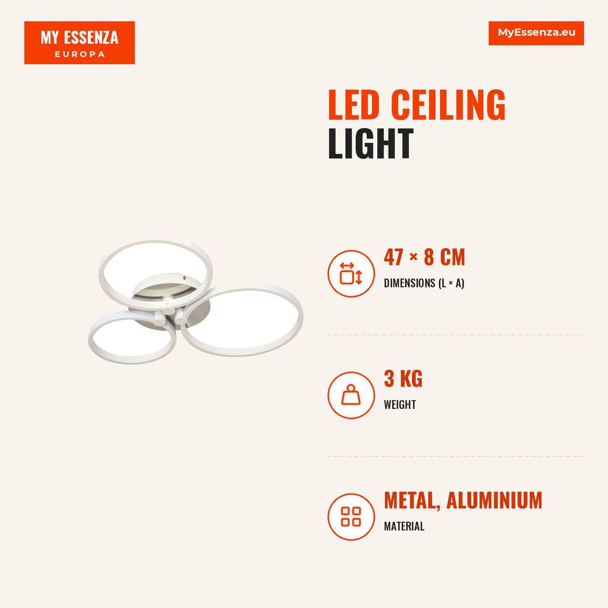 Candeeiro de Teto LED IP20 46W 4500lm com 3 Círculos Candeeiro de Teto de Alumínio para Sala de Jantar Dormitório Sala de Estar 56x47x8cm Prata — Infografia | Infographic — dimensions