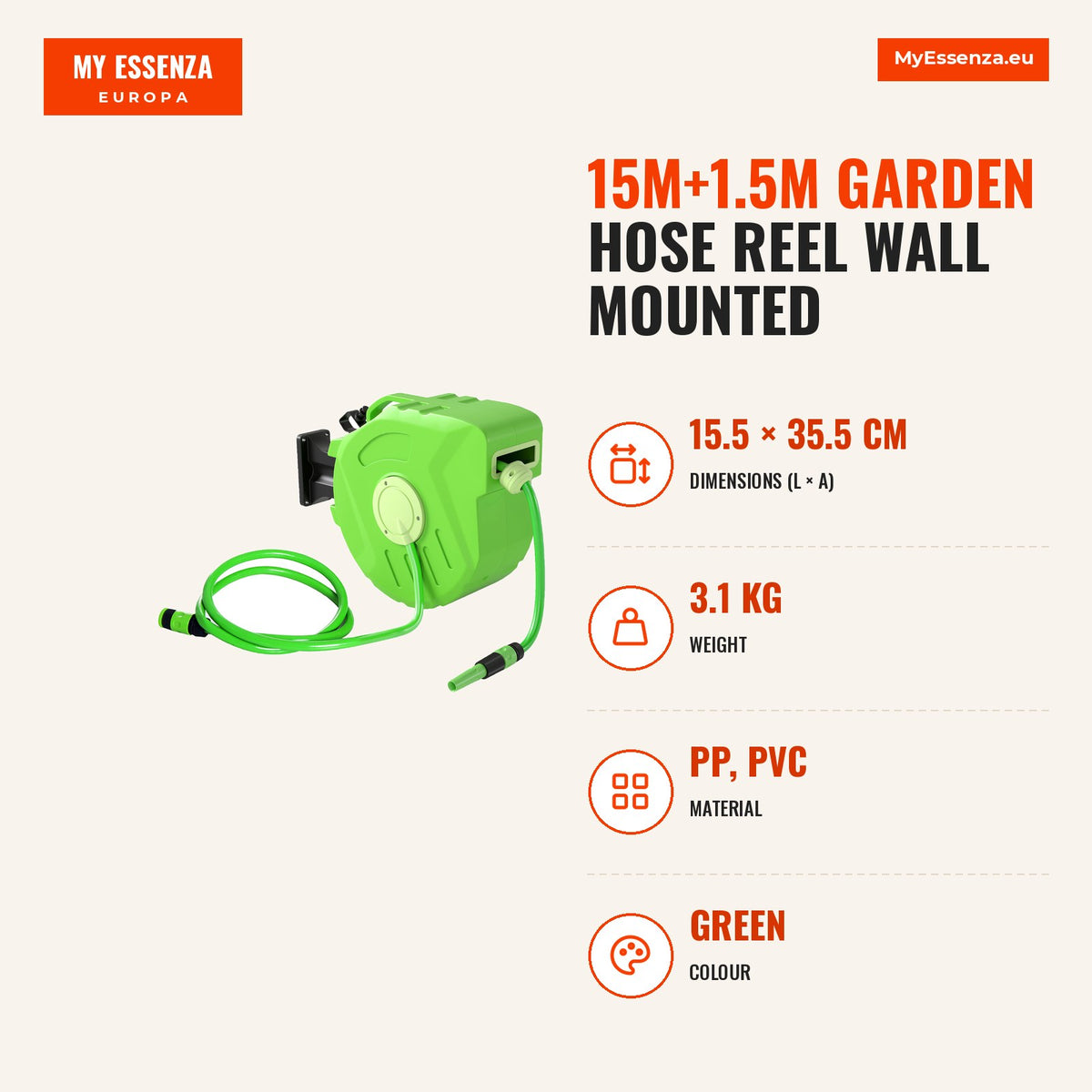 Carretel para Mangueira 15m+1,5m Enrolador de Mangueira Montado na Parede Enrolador Automático 180º Giratório 47,5x15,5x35,5cm Verde — Infografia | Infographic — dimensions
