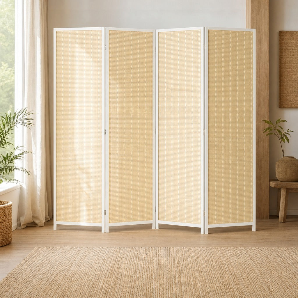 Biombo de 4 Painéis Dobrável 180x180 cm Separador de Ambientes Divisor de Habitação Tecido a Mão de Bambu e Fio de Algodão Decoração Elegante para Sala de Estar Branco — Ambiente | Lifestyle
