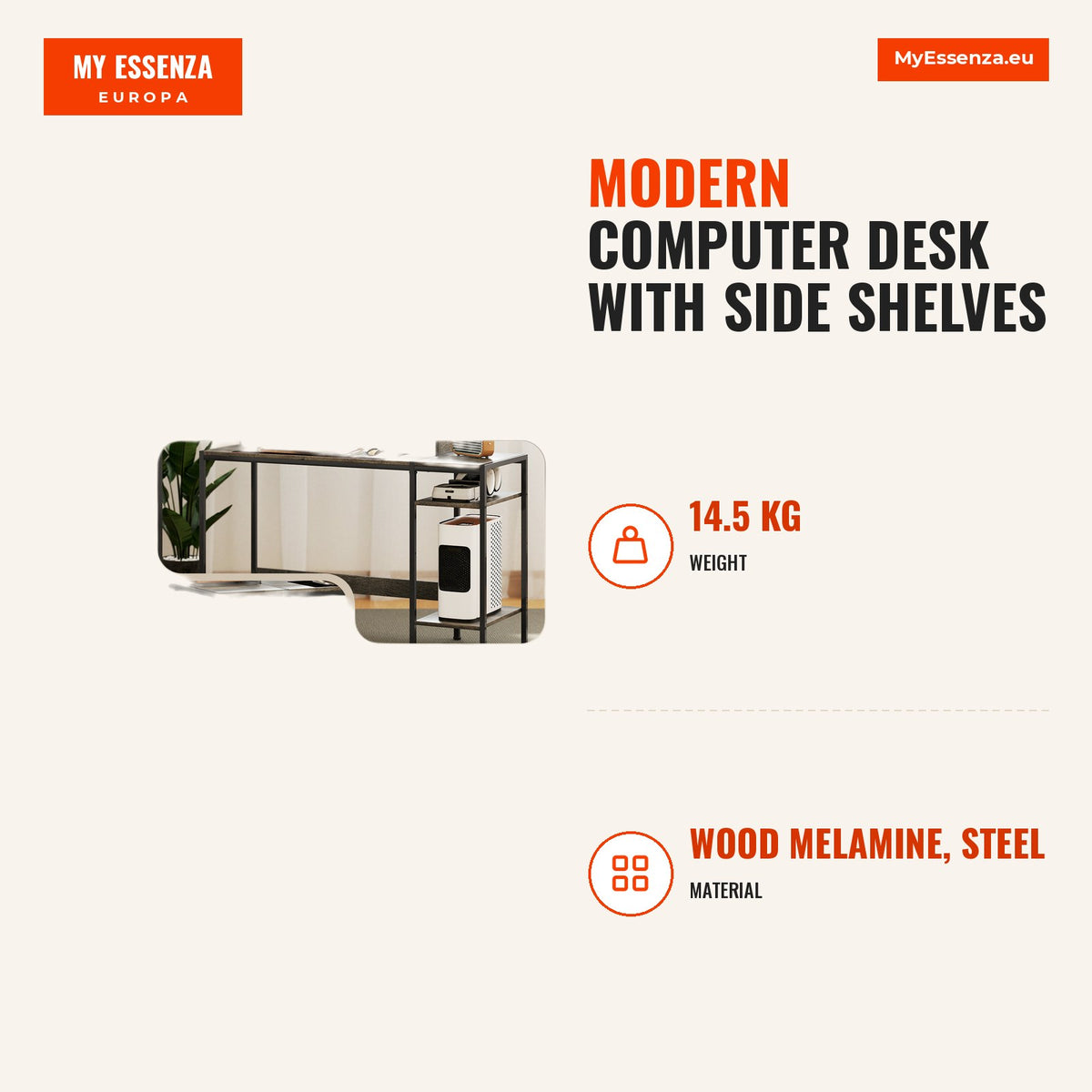 Secretária Moderna Mesa de Computador com Prateleiras Laterais Suporte para Monitor Ajustável e Estrutura Móvel para Casa Escritório Estúdio 120x48x85 — Infografia | Infographic — dimensions