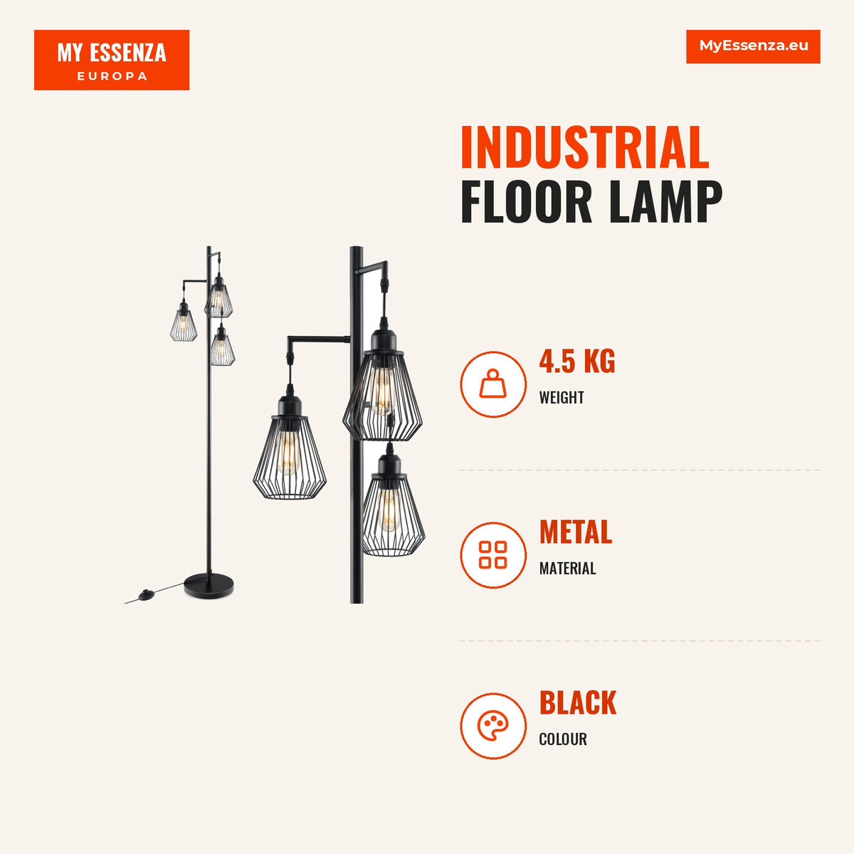 Candeeiro de Pé Industrial 168cm 3 Pantallas Gaiola Interruptor Base 25cm Preto — Infografia | Infographic — dimensions