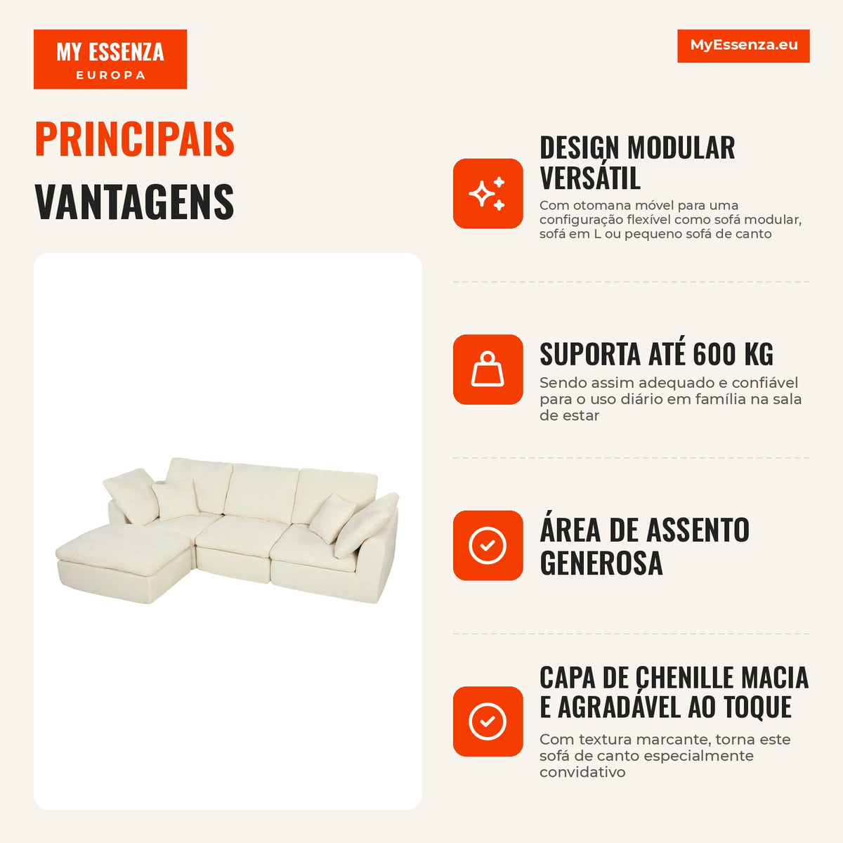 Sofá de canto modular com otomana reversível, sofá em L em chenille macio como nuvem, assento amplo, creme branco — infografia 1