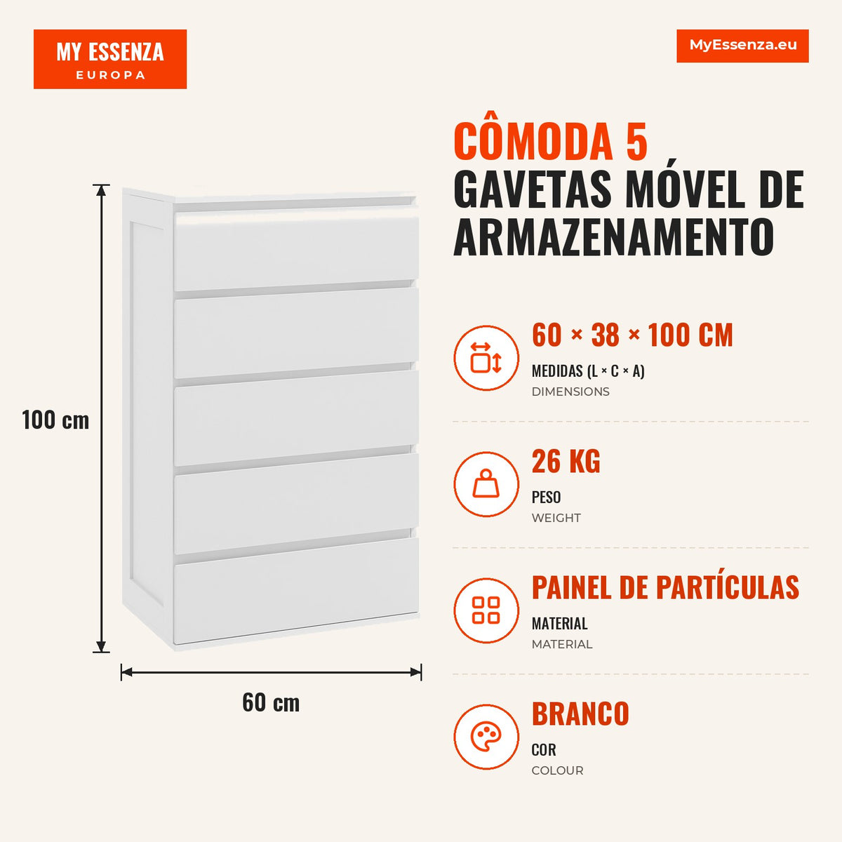 Cômoda 5 Gavetas Móvel de Armazenamento Sem Puxadores estilo Minimalista 60x38x100 cm Branco — infografia 1