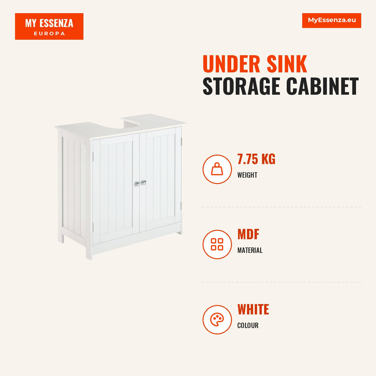Móvel para Lavatório Pousar Armário Casa de Banho de Armazenamento com 2 Portas e Prateleira Interior Ajustável Moderno 60x30x60 cm Branco — Infografia | Infographic — dimensions