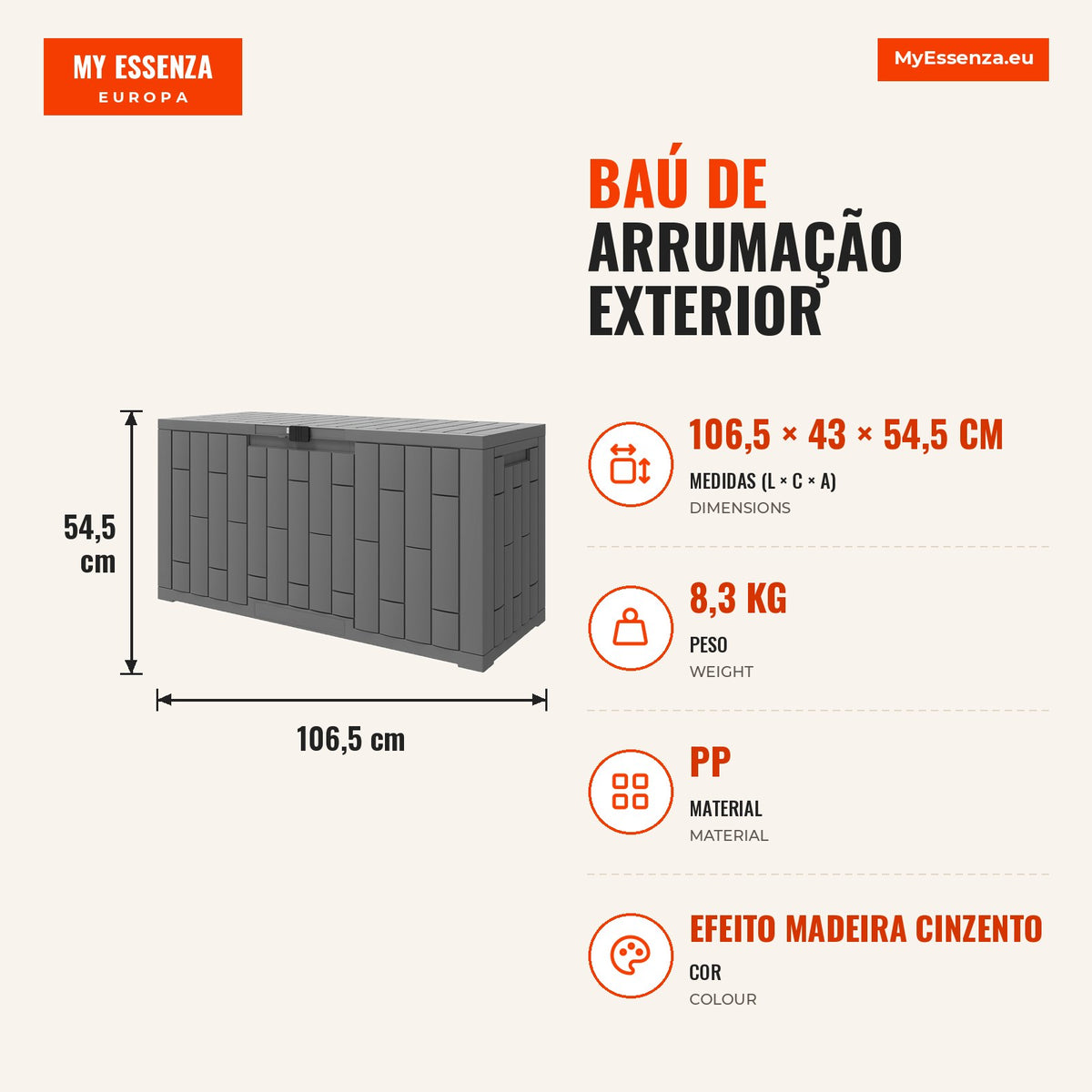 Baú de Arrumação Exterior 227 L, Resistente à Água e aos Raios UV, com Fechadura, Cinzento — infografia 1