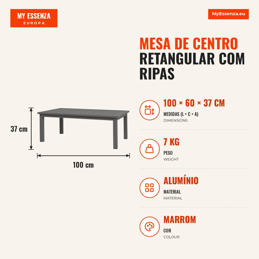 Mesa de Centro Retangular com Ripas para Interior/Externo em Alumínio 100x60x37 cm Marrom — infografia 1